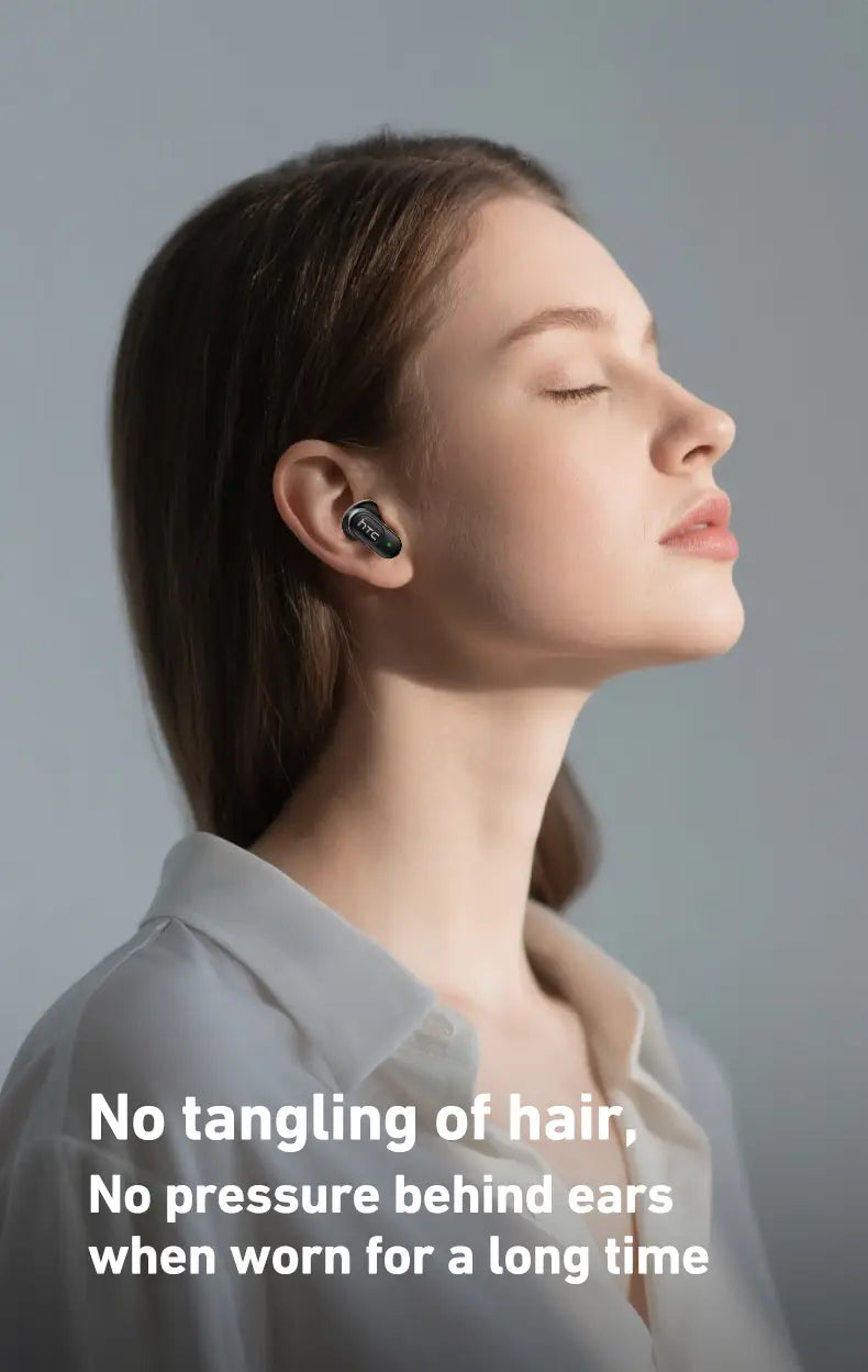 高品質な音質のための高度なBluetoothバージョンを備えた、HTC Ne51 Bluetoothイヤホン由来の洗練された人間工学に基づくデザインのブラックのワイヤレスイヤホン。