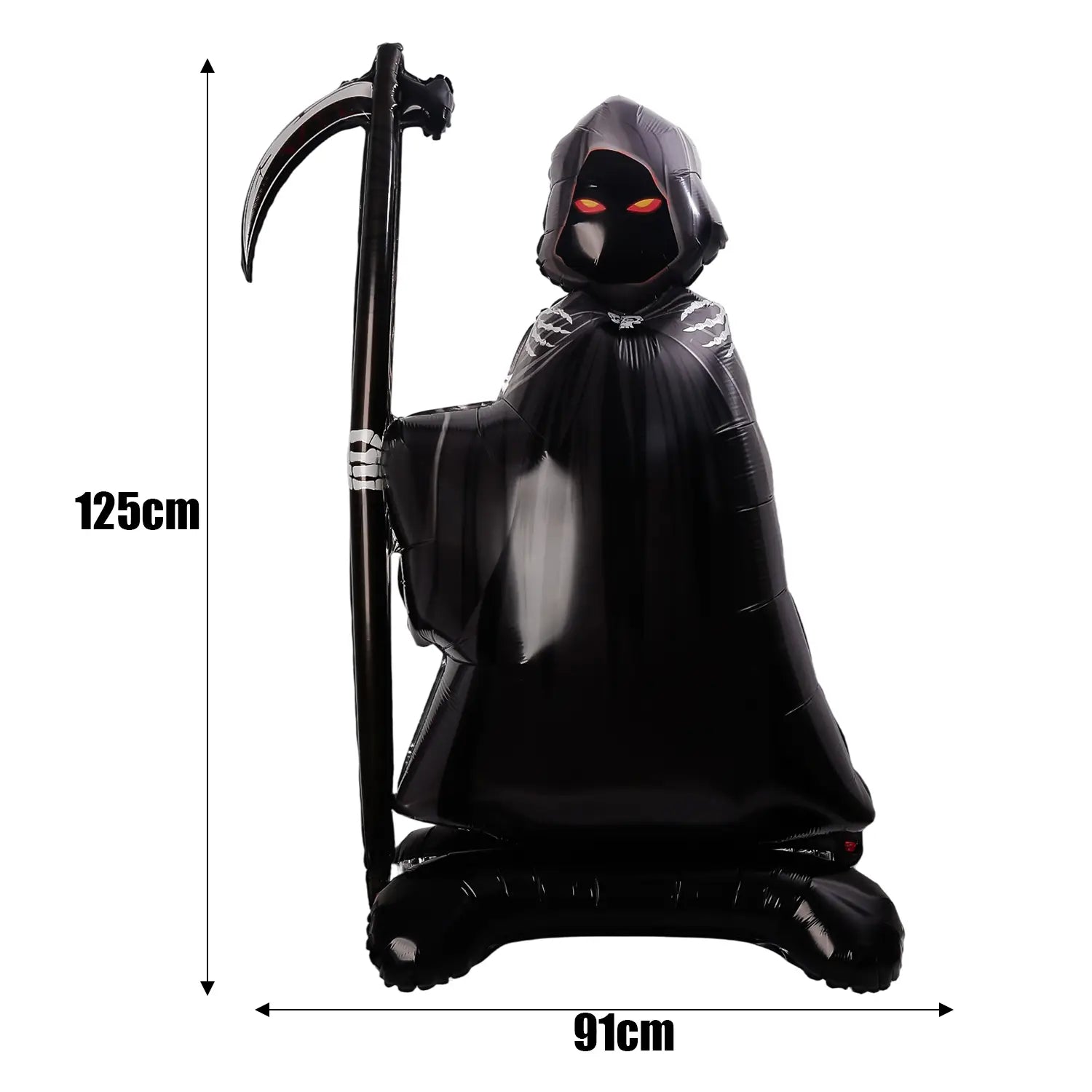 発光するオレンジ色の目と鎌を備えた黒いグリムリーパーのホイル風船。巨大なハロウィーンのスタンディング・パーティー装飾としてデザインされています。