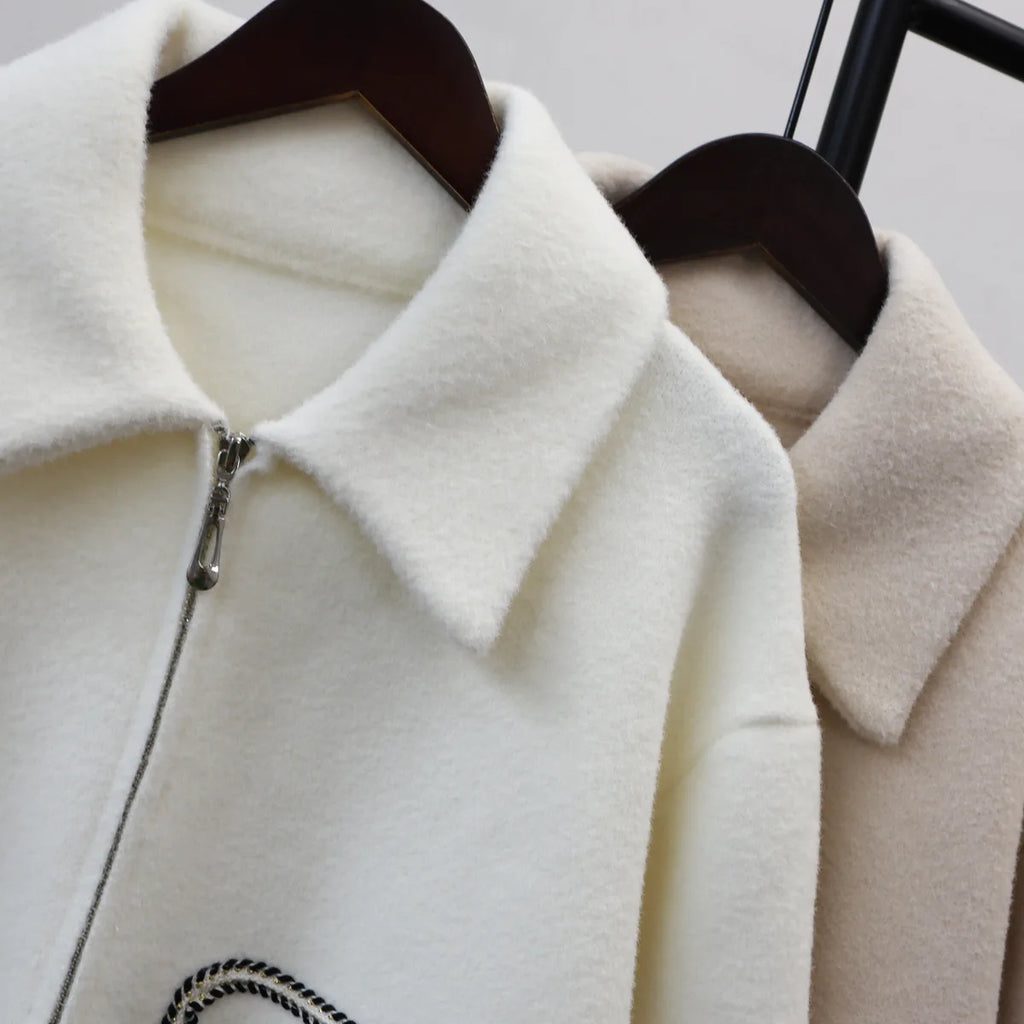 Women Wool Short Coats Casual Blends Jackets Patchwork Denim Pocket Sweater Pullover Zipper Loose Elegant Jumper 2025 Autumn