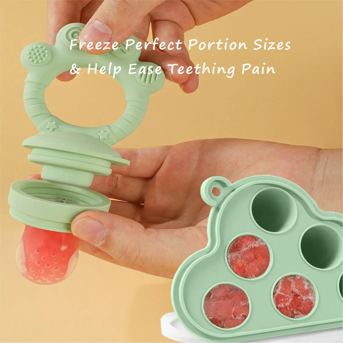 Baby Fruit Food Feeder & Freezer Nibble Tray Combo, Breastmilk Popsicle Molds，BPA Free Silicone Feeder，Infant Self Feeding, 4M+