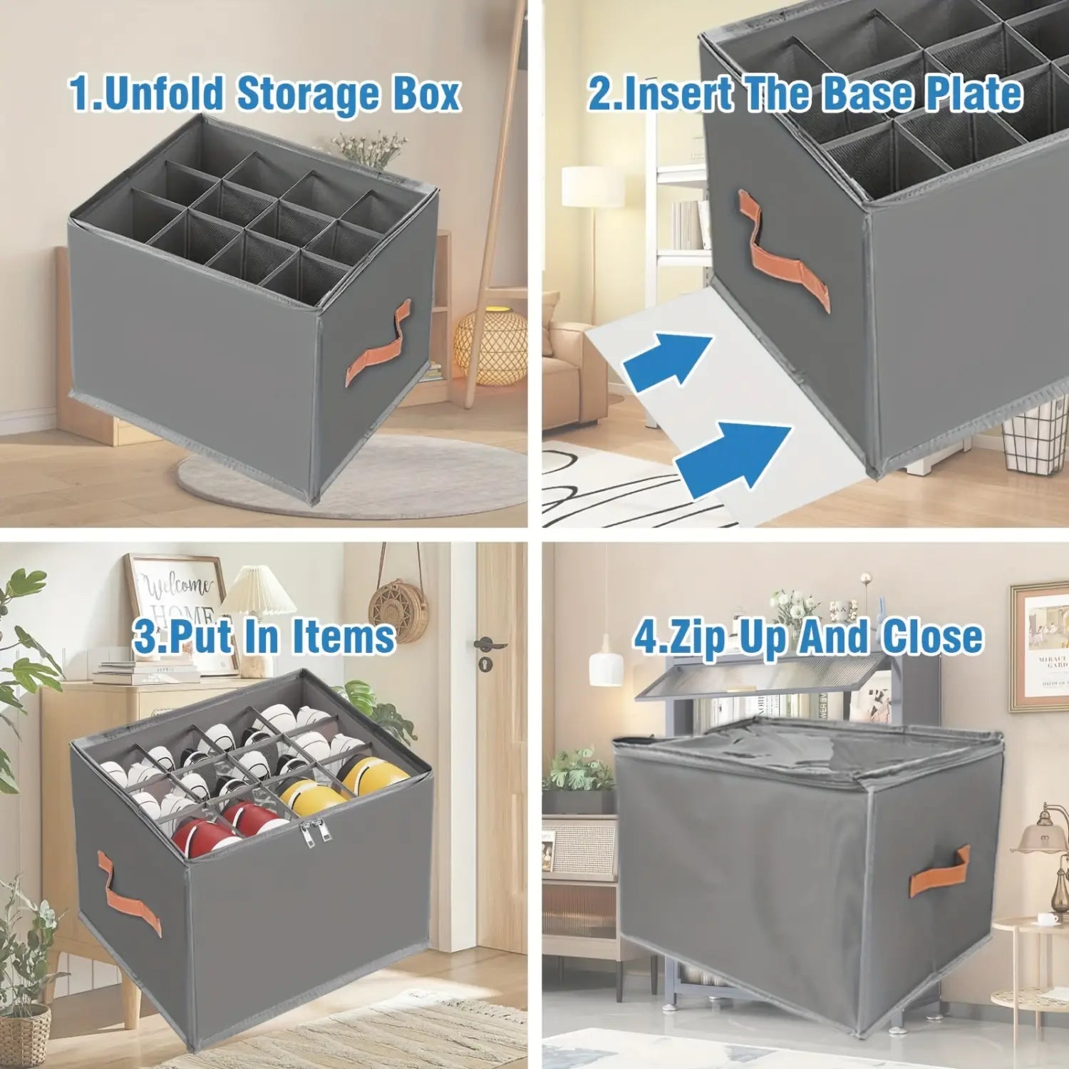 Boîte pliable d’organisateur de rangement pour chaussures en tissu d’oxford gris avec poignées orange, fermeture à glissière et une grille de compartiments pour organiser les chaussures.