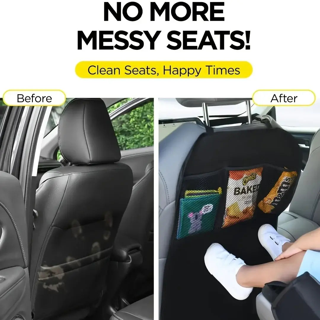 Organizador negro para el asiento del automóvil con múltiples bolsillos y secciones de malla para snacks y artículos pequeños, mostrado desde la parte trasera, con material impermeable y diseñado como protector del asiento trasero.
