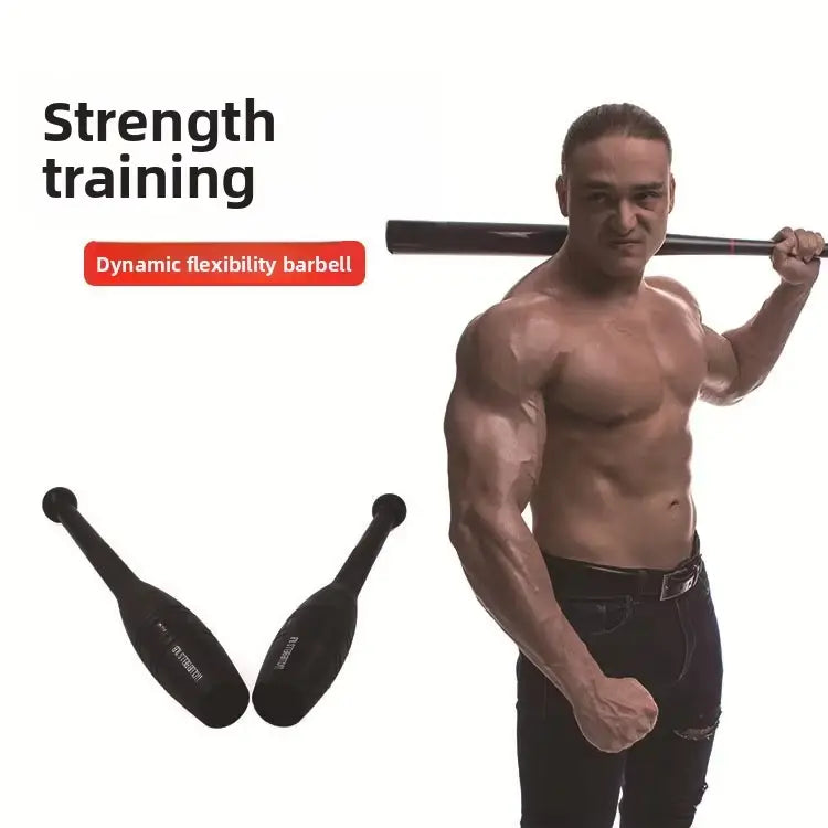 Black dynamic flexibility barbell with textured grip and branded logo for full body strength training fitness clubbell weight.