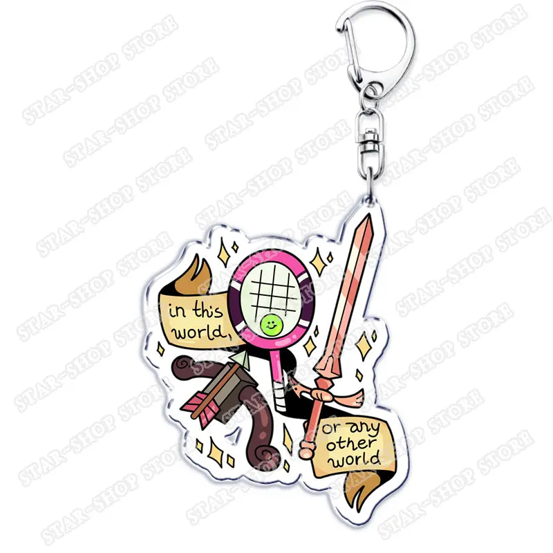 A colorful transparent acrylic Amphibia anime keychain featuring a cartoon character holding a pink tennis racket and sword with the phrase in this world or any other world printed on banners.
