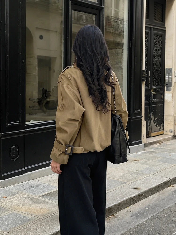Women Relaxed Fit Short Utility Trench Jacket High Funnel Neck Epaulet Design Double Breasted Cropped Coat Commuter Outerwear