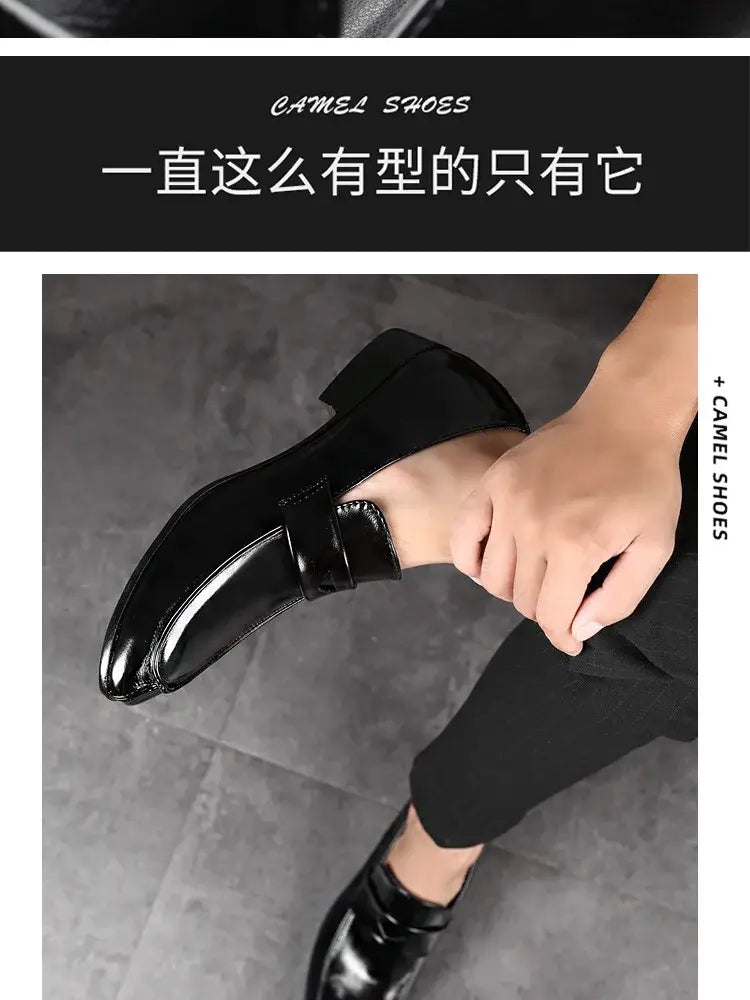 Men leather business dress shoes pointed slip black patent leather camel loafers with a sleek polished finish.
