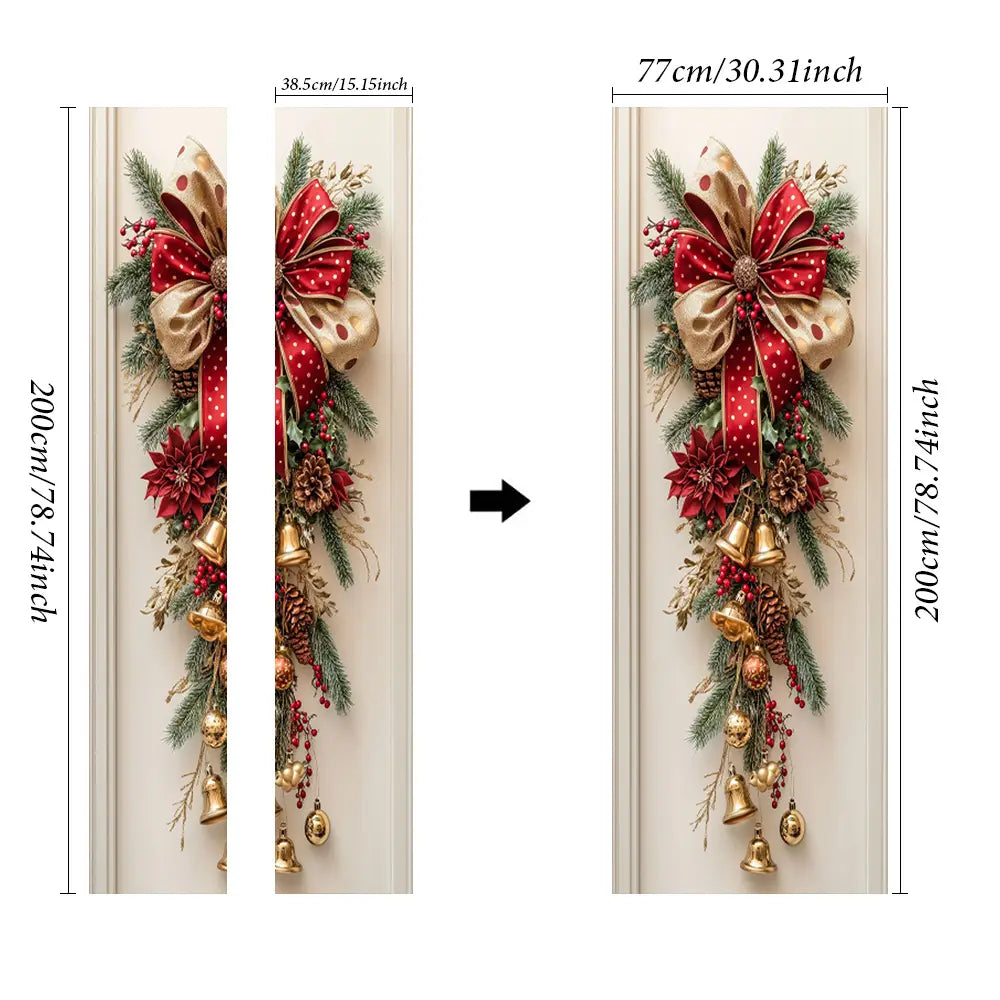 Una corona festiva para la puerta de Navidad con un gran lazo rojo y dorado de lunares, ramas de pino, flor de pascua, piñas y campanillas doradas colgantes.