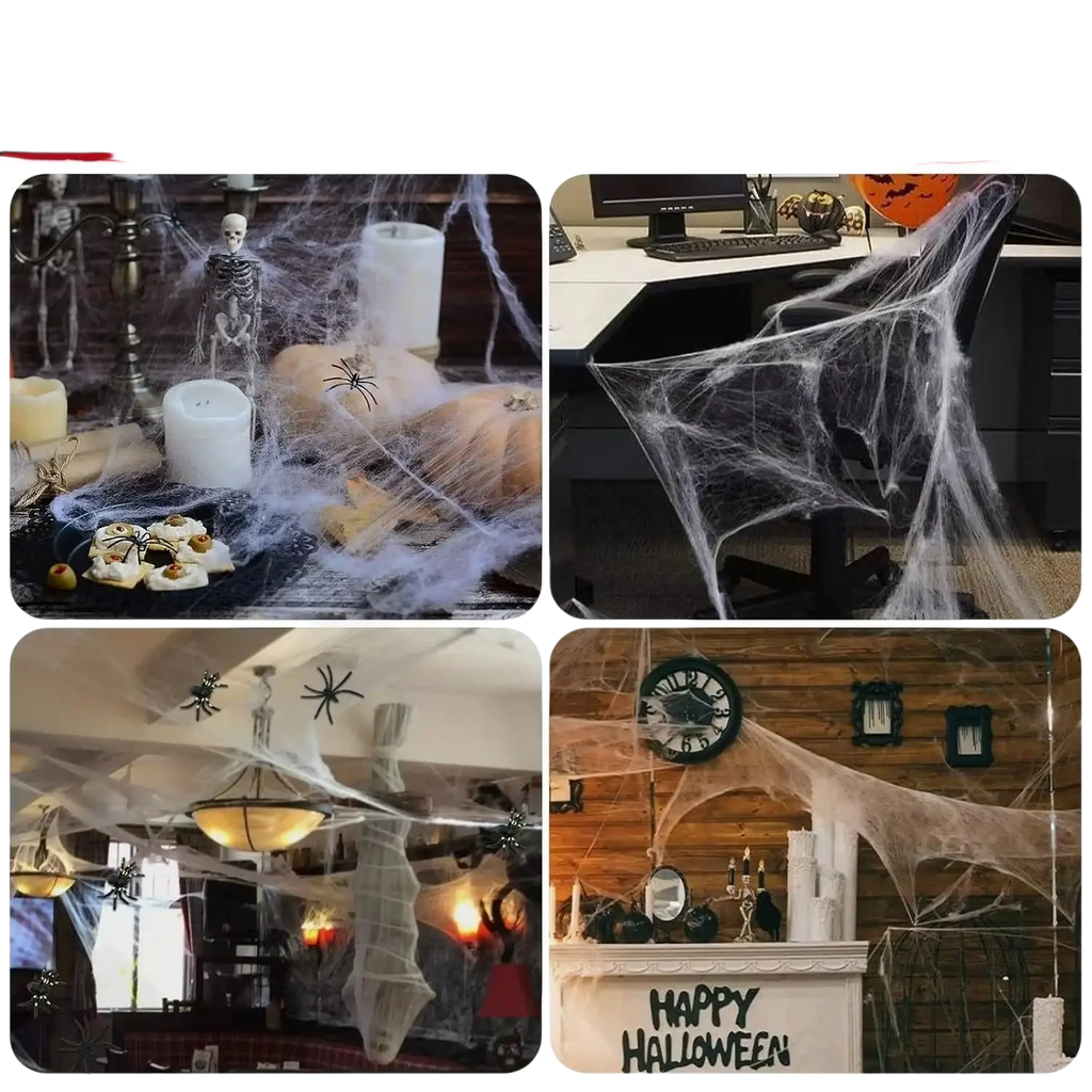 White sheer spiderweb decorative garland with fake spiders for halloween party decorations and super stretch cobwebs