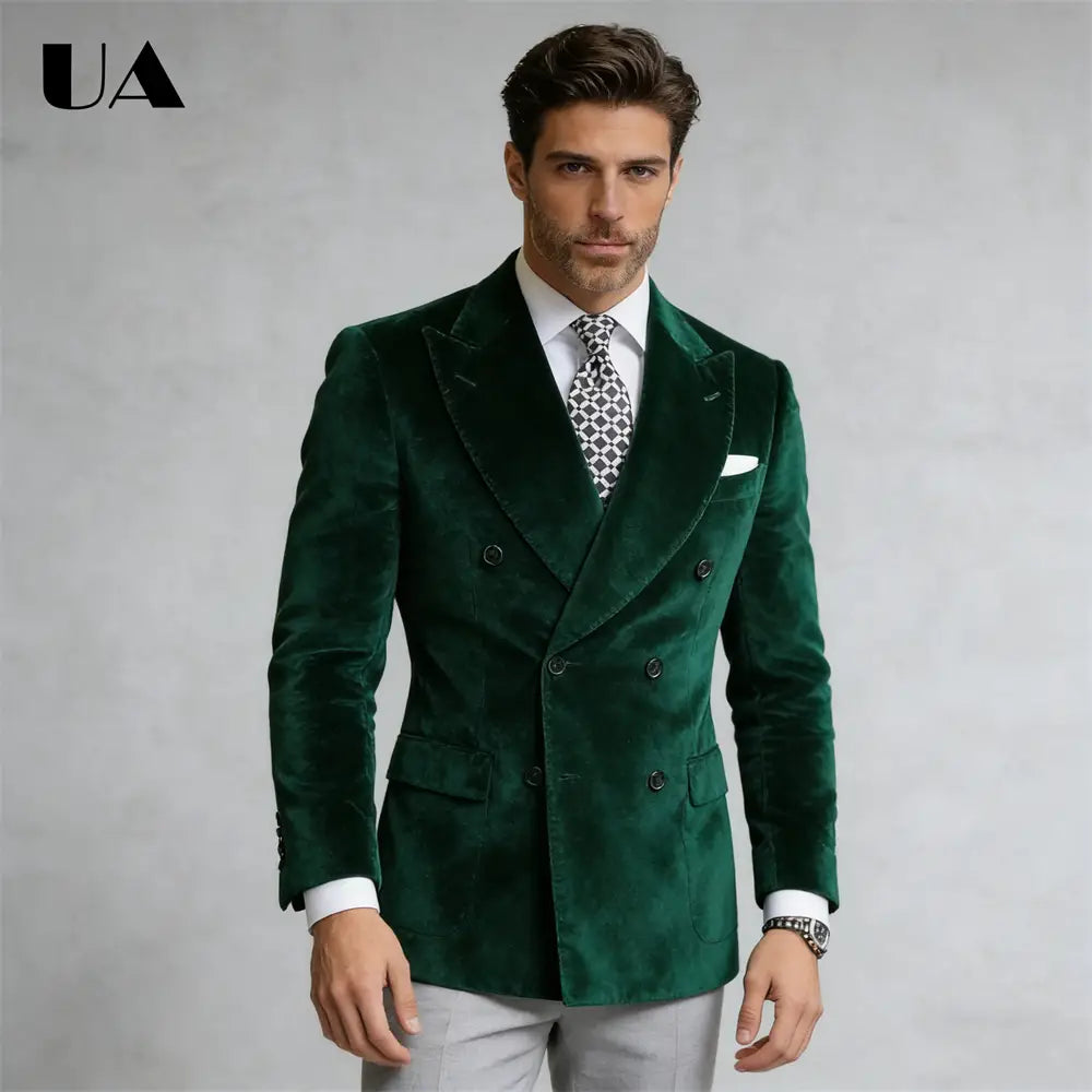 veste de costume en velours à double boutonnage vert émeraude pour homme, avec des boutons noirs et un revers cranté, disponible dans le magasin officiel ulbyanry, avec service client.