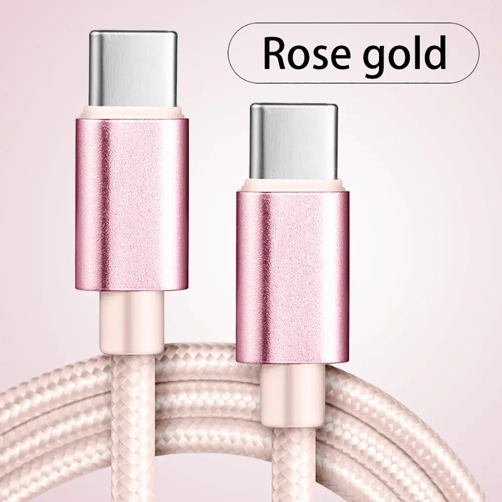 Rose gold usb-c fast charging braided cable with a white braided cord and metallic connectors.