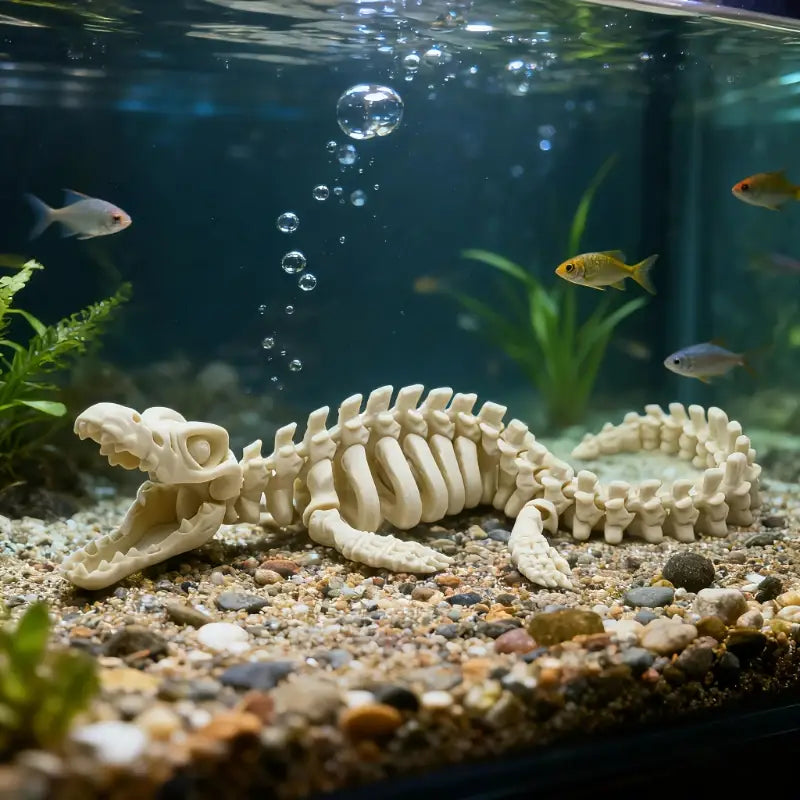 Un adorno para acuario de esqueleto de dinosaurio de resina color crema, con una estructura ósea detallada y mandíbulas abiertas, apoyado sobre grava para simular paisajes acuáticos.