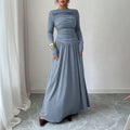Elegant Women's Formal Dresses Modest Boat Neck Solid Color Long Sleeve Ruched Flowy Maxi Dress for Daily Evening Party Wear