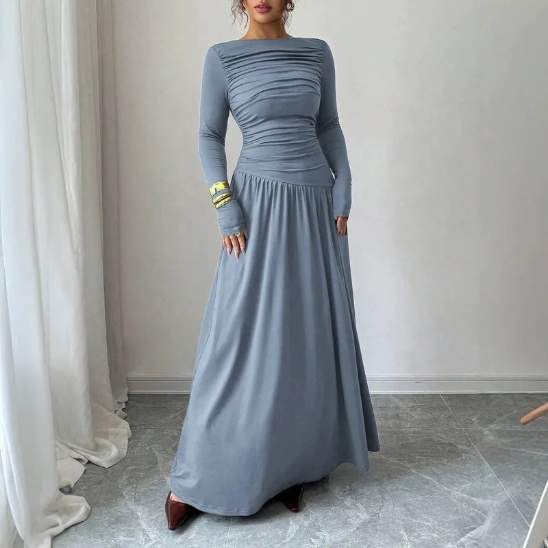 Elegant Women's Formal Dresses Modest Boat Neck Solid Color Long Sleeve Ruched Flowy Maxi Dress for Daily Evening Party Wear