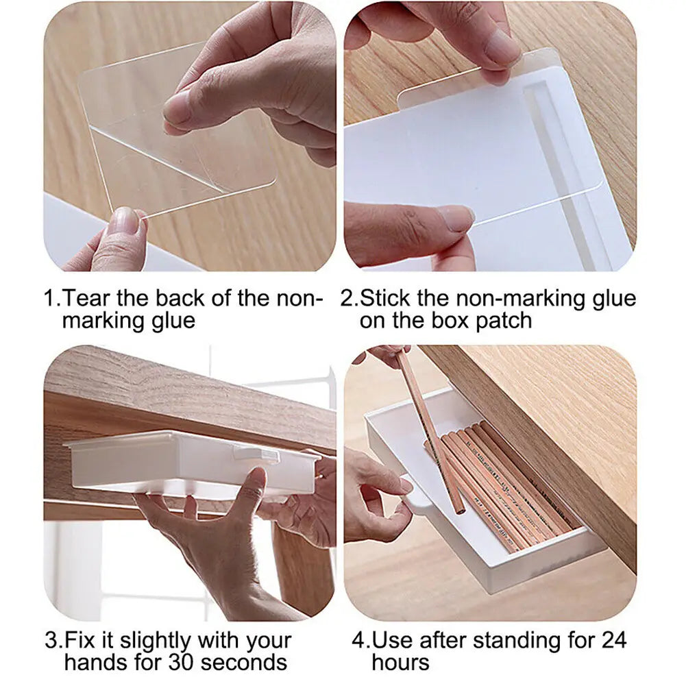 Organisateur de tiroir sous bureau en plastique blanc avec poignée coulissante et support adhésif transparent pour un montage sous le mobilier, dans un design de boîte de rangement en ABS
