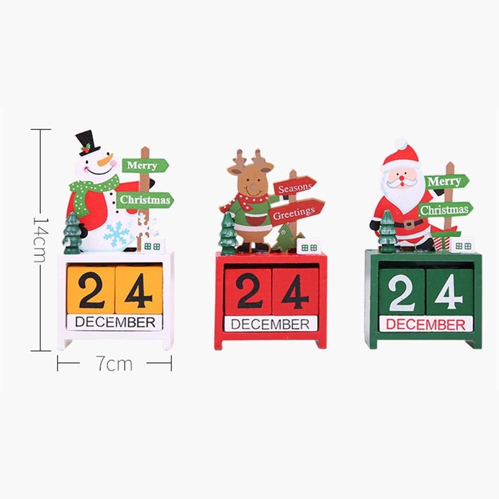 wooden christmas countdown calendar blocks featuring three festive wooden blocks painted with colorful snowman, reindeer, and santa characters and date displays.