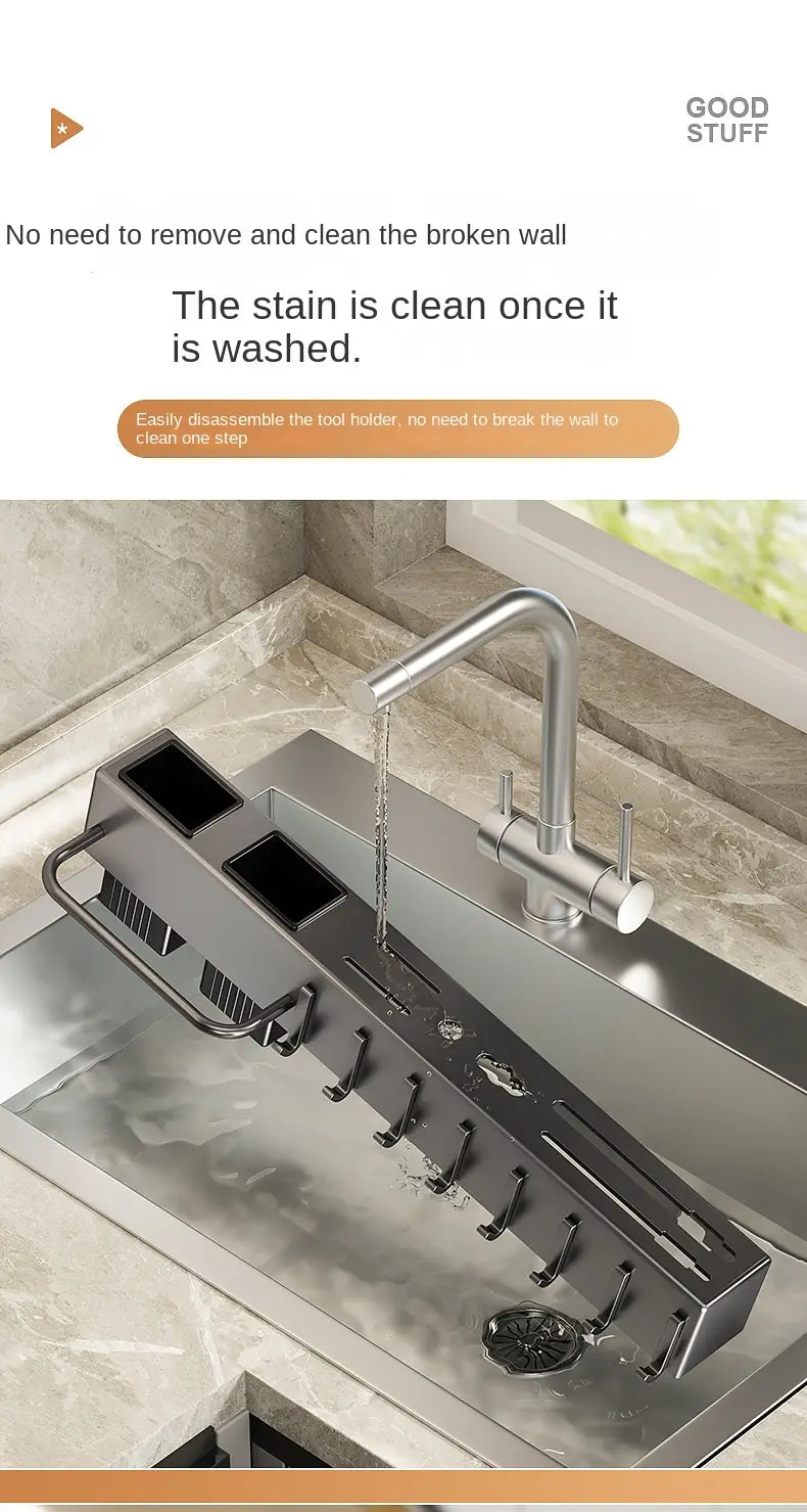 Stainless steel wall mounted kitchen utensil holder and knife rack with multiple slots and a sleek modern design for organized storage.