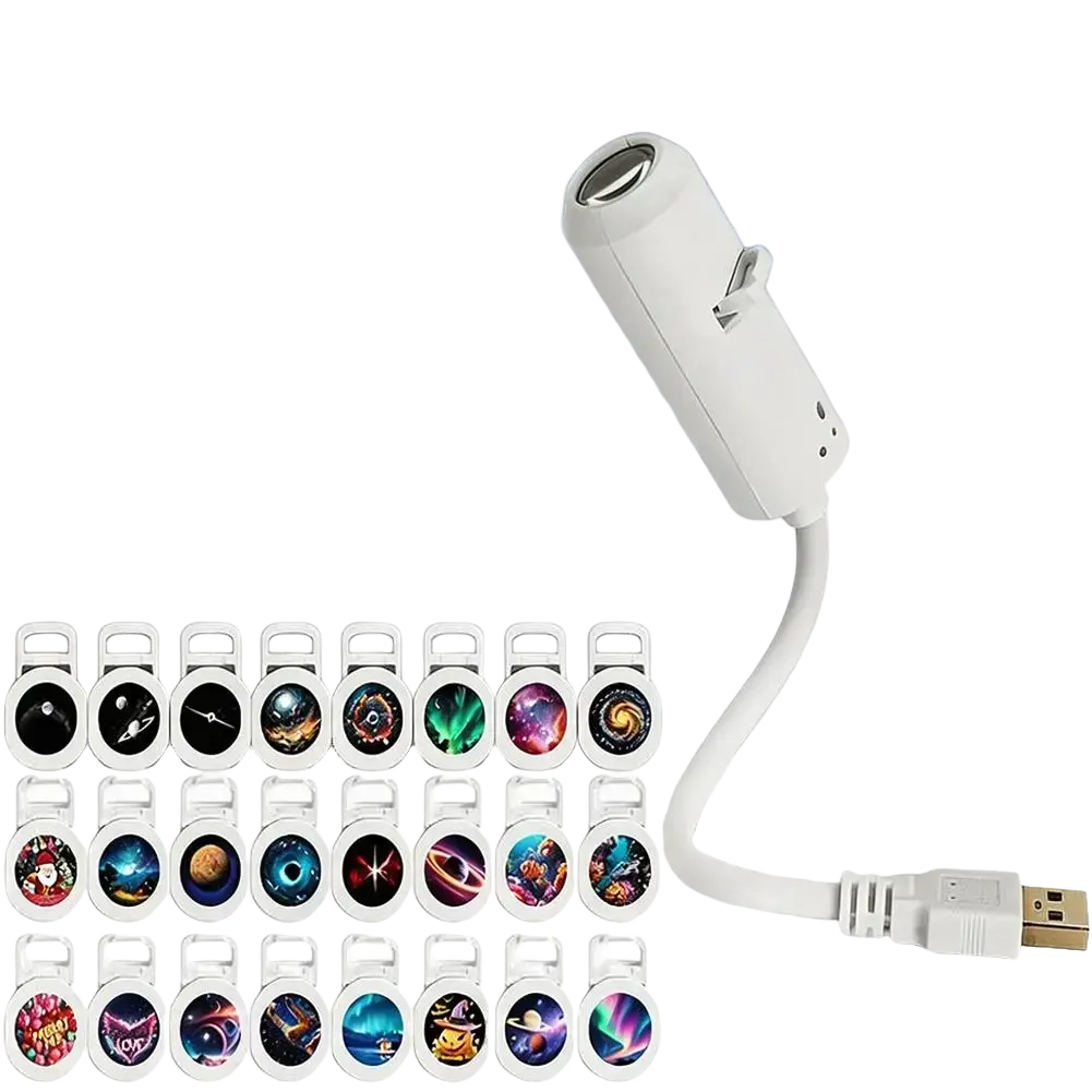 White usb-powered ceiling projector with flexible arm and multiple interchangeable film discs for night light use