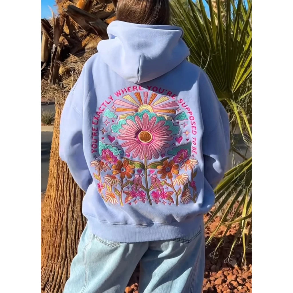Classic Women's Embroidered Hoodies Casual Cozy Stylish Floral Letter Pattern Long Sleeve Loose Fit Hooded Sweatshirt