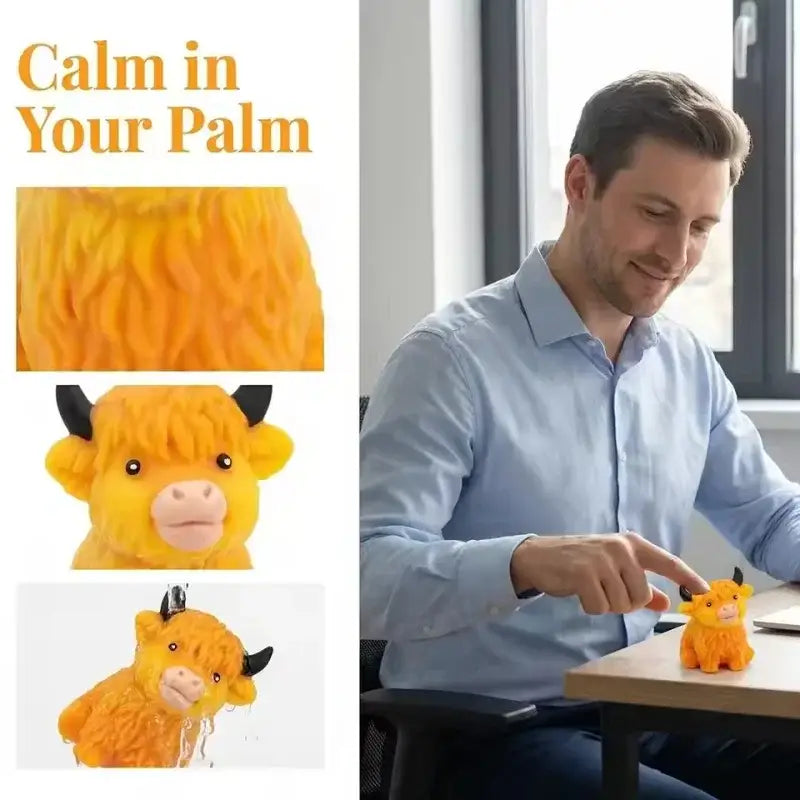 Jouet antistress en forme de vache highland kawaii, en peluche orange, avec une fourrure texturée et des cornes noires.