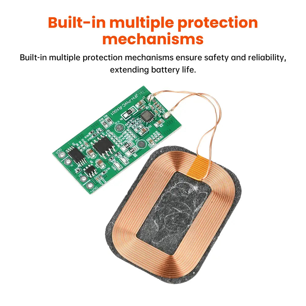 green circuit board with black components and copper wire connected to a rectangular copper coiled 5w wireless charging receiver module for 3.7v battery