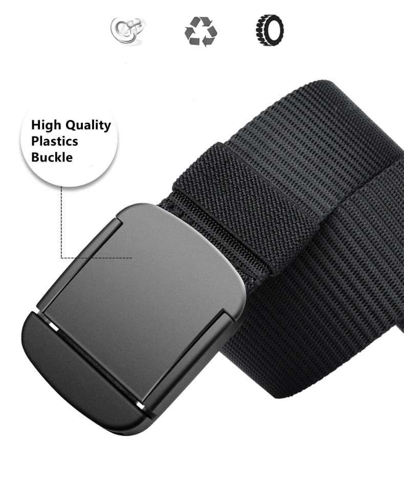 Black nylon men tactical canvas belt with a matte black plastic automatic buckle.