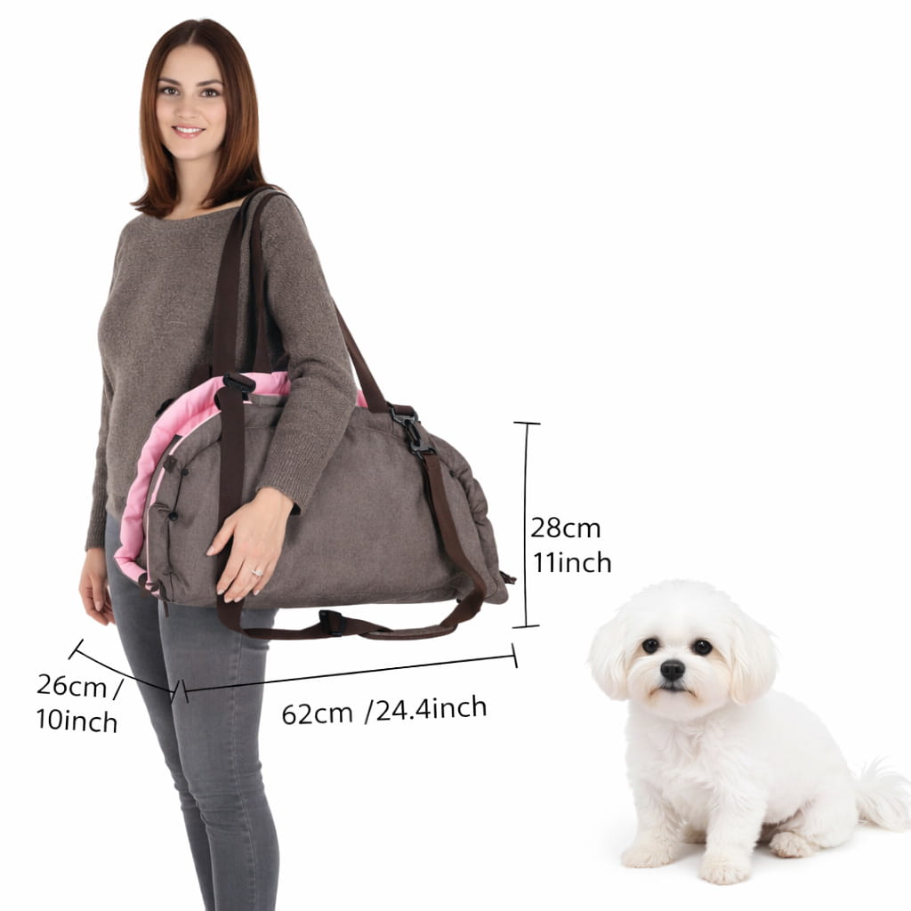 Caisse de transport pour animal pliable grise et rose avec sangles réglables, doublure intérieure souple et clip de laisse de sécurité pour un transport sécurisé de l’animal.