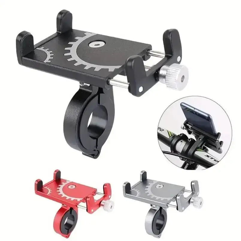 Soporte para teléfono para bicicleta de metal negro, con diseño de engranajes y abrazadera ajustable para una fijación segura