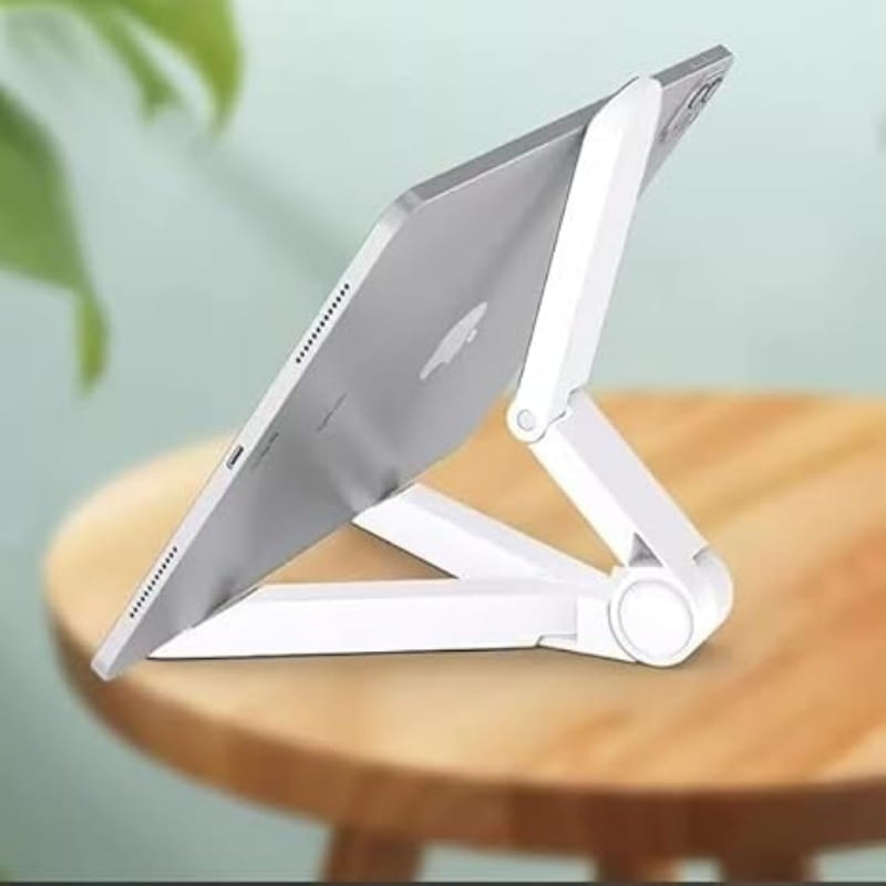 white foldable tablet phone stand made of durable material supporting a silver ipad as an adjustable desk holder for portable monitor use
