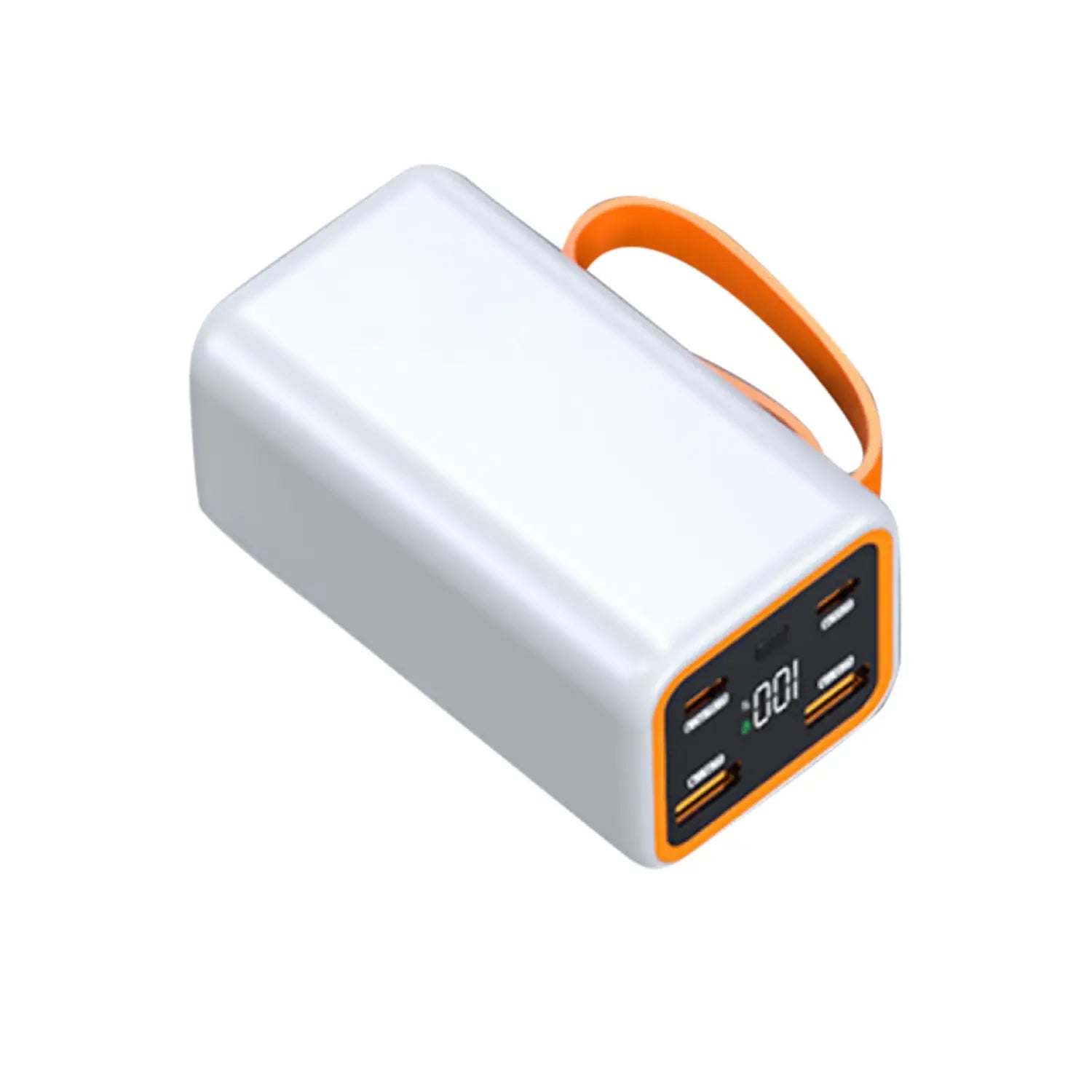 4×21700バッテリー用のオレンジのアクセント付きホワイトの長方形モバイルバッテリーケース。5V2A出力対応の複数USBポートと内蔵LCDディスプレイ(100%のバッテリー残量表示)を備え、オレンジの一体型キャリングループを装備しています。