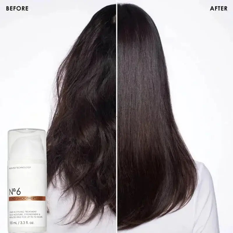 white cylindrical bottle of no.6 hair smoother treatment with clear cap and brown label detailing anti-frizz treatment formula in hair care series for control frizz repair and frizz repair split ends, 100 ml volume