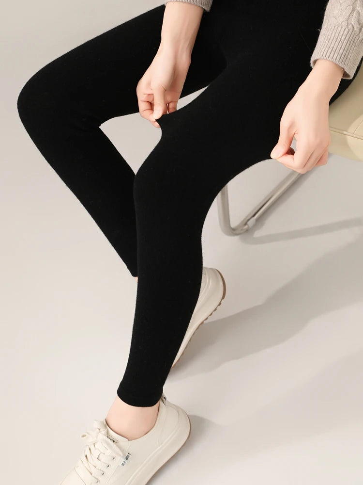 Women 100% Merino Wool Knitted Leggings Autumn Winter Soild High Waisted Wool Pants Comfort Small Leg Pants Versatile Thick Warm