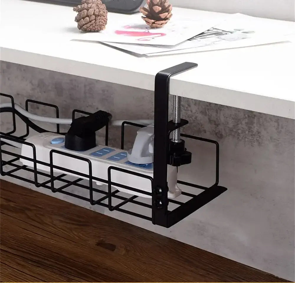 black metal under desk cable management tray with adjustable clamp shown from the back side for organizing wires and cables