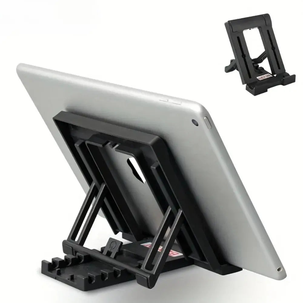Black plastic rugged clip holder adjustable tablet stand supporting a silver iPad designed as a 1pc heavy duty clip holder.