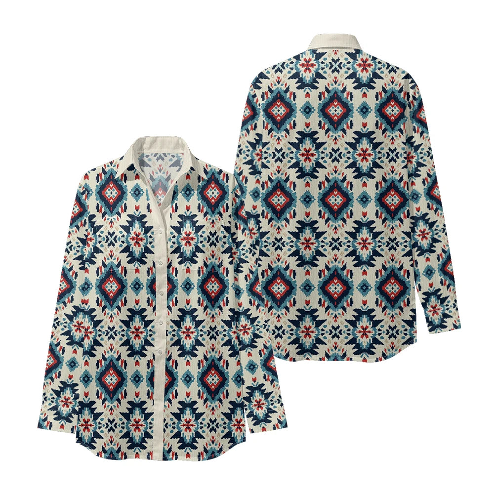Ethnic-Inspired Long-Sleeve Women Shirt with Aztec Geometric Pattern Printed Front 2 Pockets Button-Up Retro Tribal Casual Style