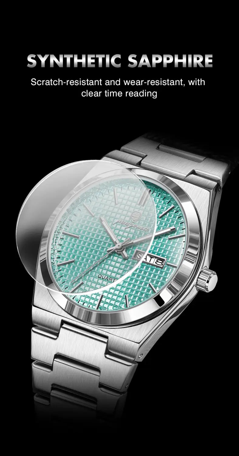 Paazomu luxury chronograph watch featuring a silver-toned stainless steel case with a teal synthetic sapphire dial and textured grid pattern with silver-tone hour markers.