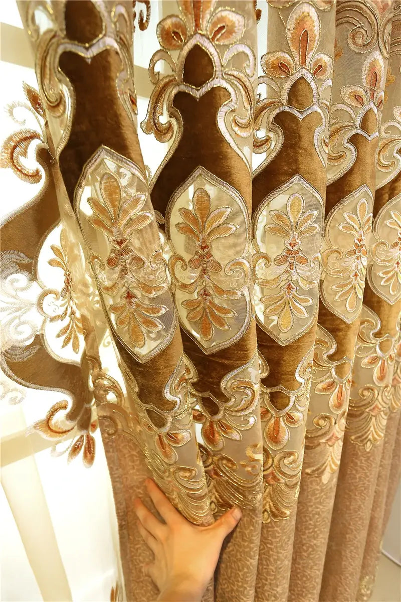 Luxurious brown velvet embroidered living room curtains with gold and cream floral patterns designed for french window use.