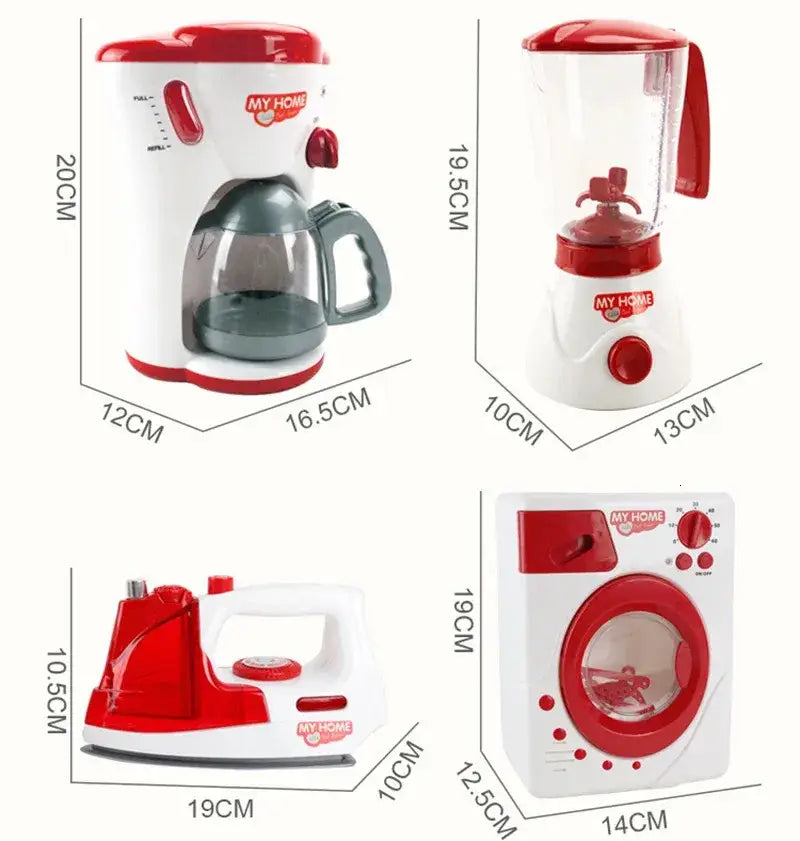 Rotes und weißes „my home“-Kinder-Küchen-Kleingeräte-Set mit einer Kaffeemaschine, einem Mixer, einem Bügeleisen und einer Waschmaschine für Rollenspiel-Lebensmittel.