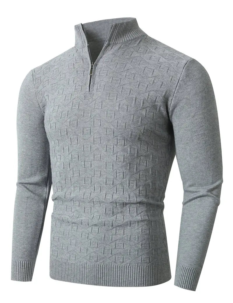 Plus size mens gray textured knit sweater with half zip collar and ribbed cuffs made of cable knit material.