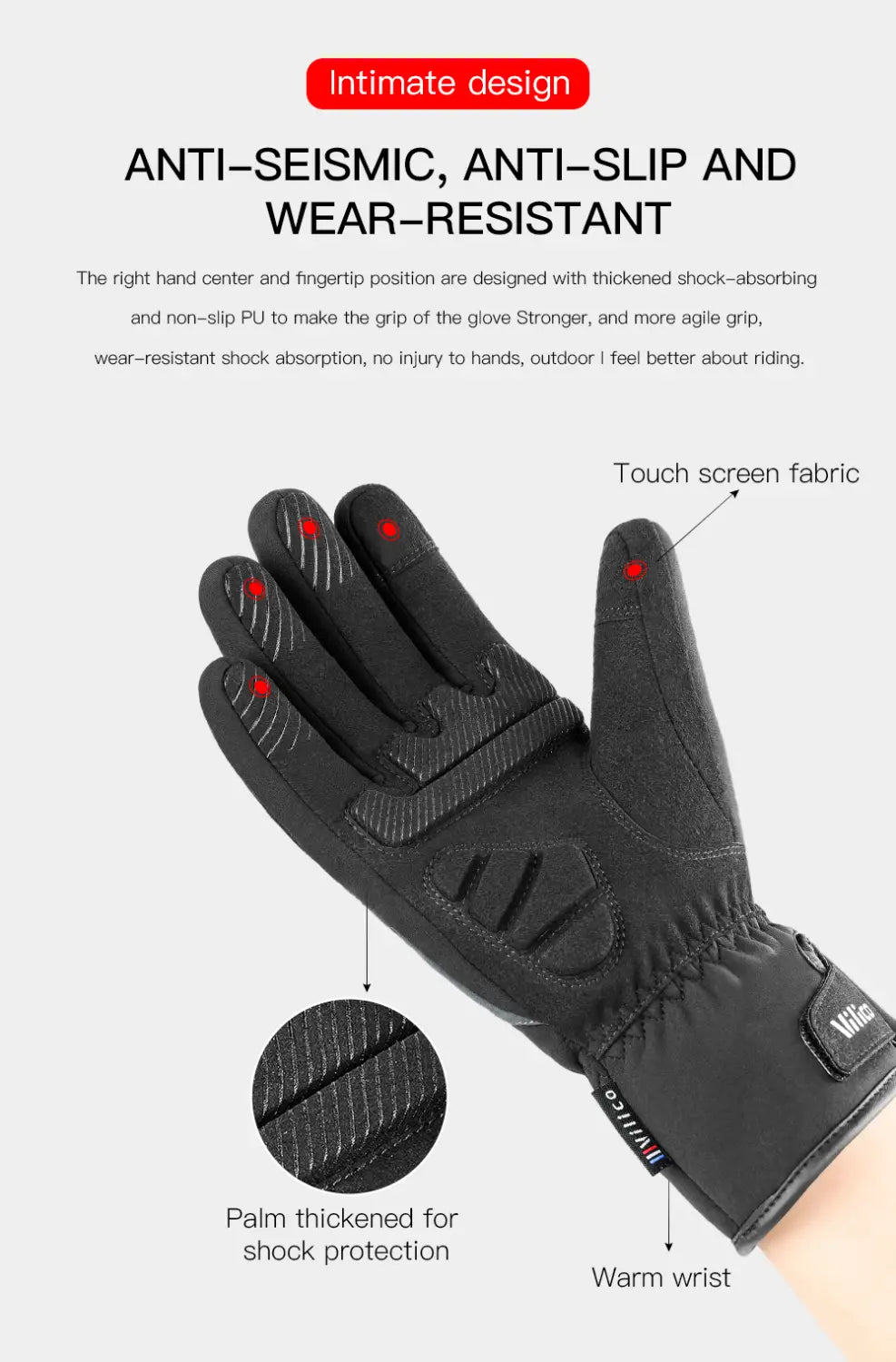 Guantes de ciclismo de invierno impermeables para hombre en negro, mostrados desde el reverso, con palma reforzada, tejido para pantalla táctil en las yemas de los dedos y un puño cálido.