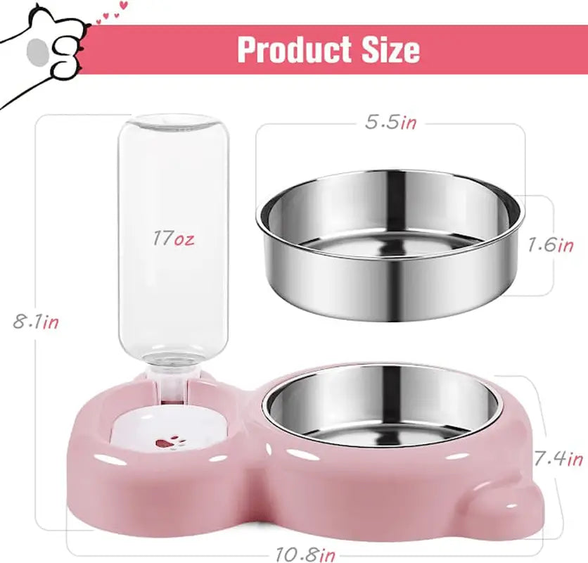 Comedero para mascotas de plástico rosa con dos cuencos de acero inoxidable y un accesorio de botella de agua transparente de 17 oz para alimentar e hidratar
