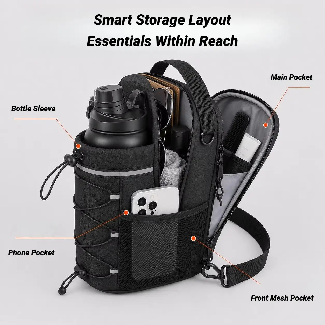 Magnetic gym bottle bag with strap in black mesh and fabric featuring multiple compartments for a water bottle phone and essentials.