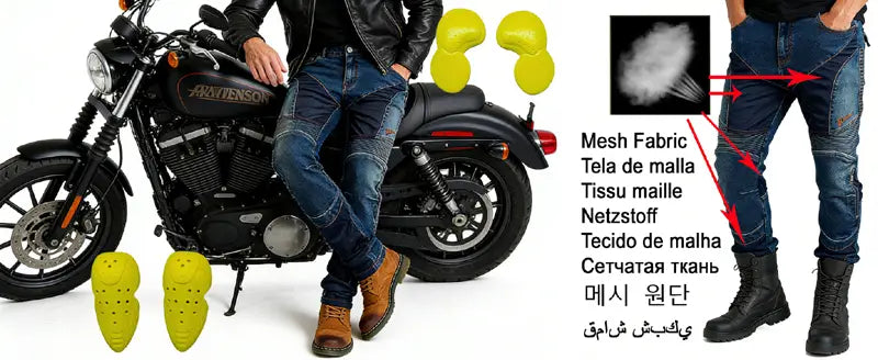 A black leather motorcycle with chrome accents and a rider in denim pants showcasing breathable protective motorcycle racing gloves.