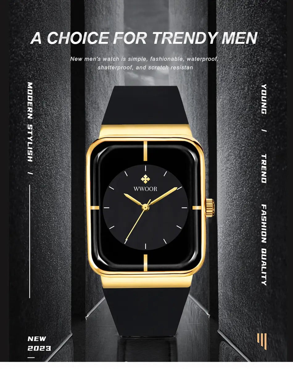 Wwoor gold rectangle quartz watch featuring a gold-toned rectangular case, black dial with minimalist hour markers, and a sleek black rubber strap.