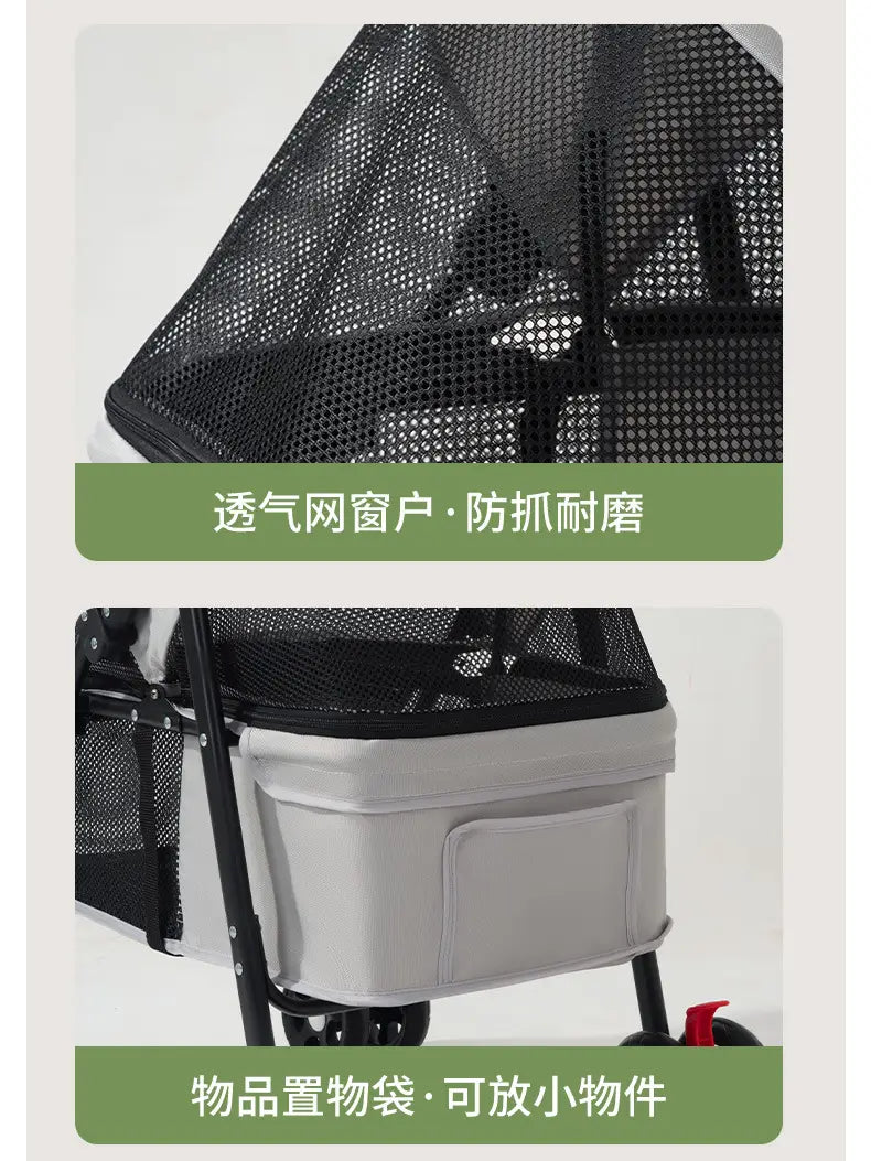 Carrito plegable para mascotas para perros y gatos pequeños, con cerramiento de malla negra y compartimento de almacenamiento gris, y armazón de metal negro, mostrado desde la parte posterior.