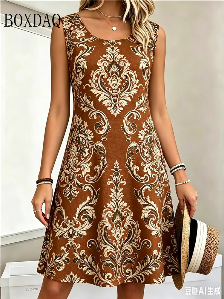 Ethnic Style Pattern Vintage Women's Dresses For 2026 New Summer Clothing Loose Plus Size Casual 3D Print Loose Sleeveless Dress