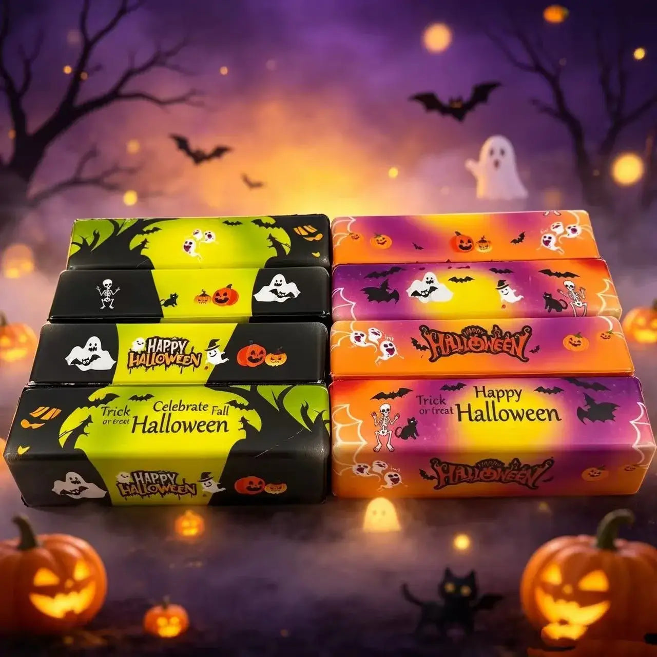 Halloween- langsam ansteigendes Butter-Quetschtier in Kosmetiktuch-Boxen mit leuchtend grüner, schwarzer, orangefarbener und violetter Verpackung, mit Geist-, Fledermaus-, Kürbis- und Skelett-Designs.