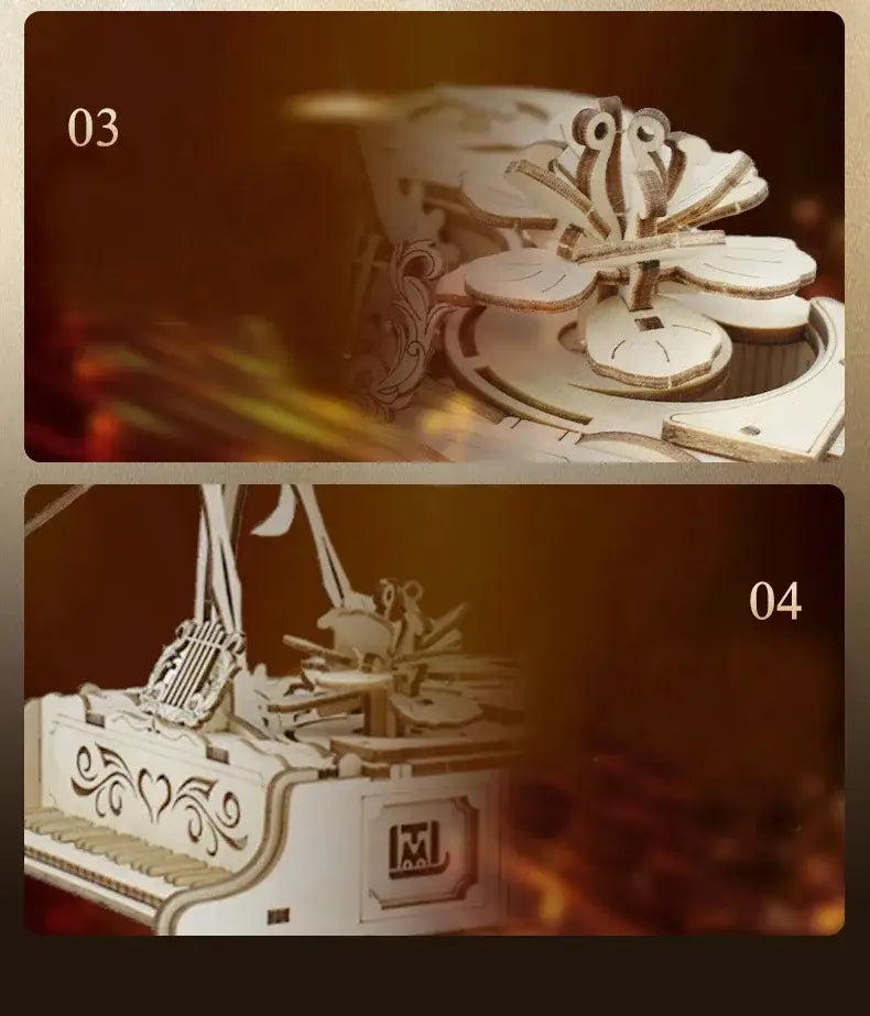 Weißes hölzernes 3D-Puzzle-Modell einer Flügel-Klavier-Musikbox mit prächtigen floralen und geschnörkelten Verzierungen in einem Klavier-Musikbox-Bastelset.