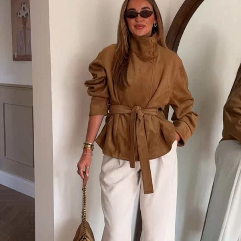 Women's Suede-Look Jacket, Loose Long Sleeve Belted Coat, Casual Commuter Autumn and Winter Jacket