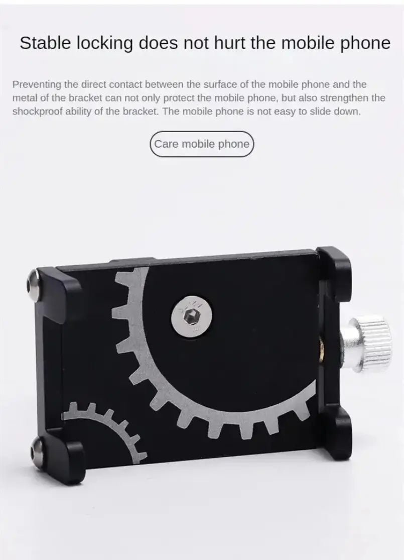 Soporte para teléfono para bicicleta de metal negro con detalles plateados tipo engranaje y una perilla de ajuste estriada para una fijación segura