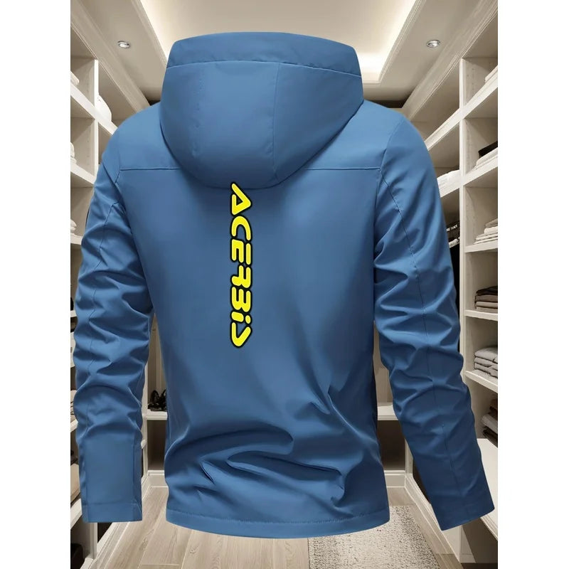 Men's off-road motorcycle style hooded jacket with BIS bright yellow logo print, windproof and multifunctional casual jacket